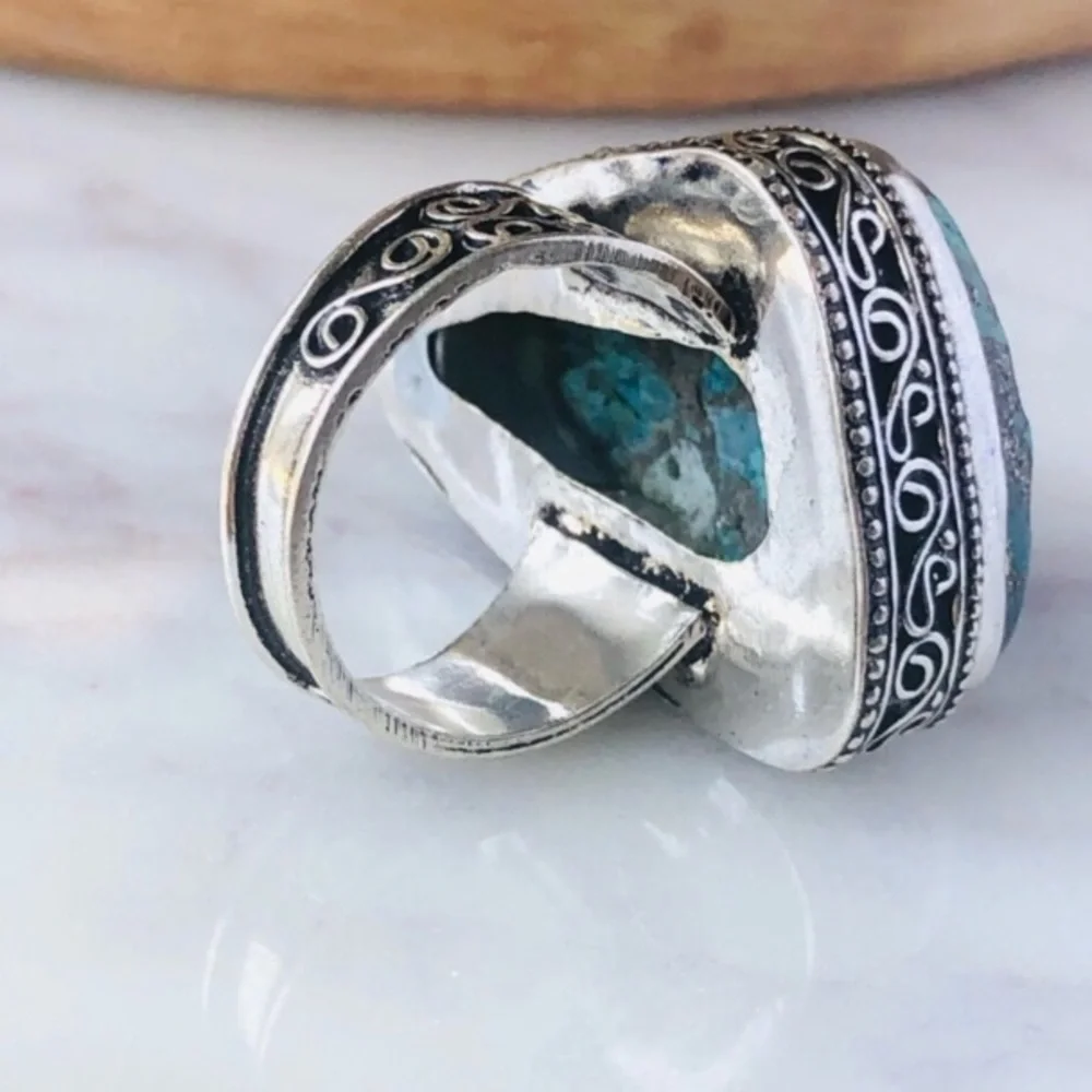 Silver Plated Copper Chrysocolla Bohemian Statement Ring